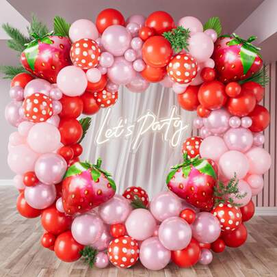 108 piezas Kit de Arco de Globos con Diseño de Fresa - Globos Rojos y Rosas con Globos de Lámina de Fresa, Adecuado para Fiesta de Cumpleaños de Niña, Baby Shower, Día de San Valentín, Revelación de Género