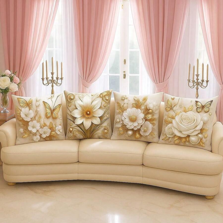 4 Decorative Oxford Cushion Covers, Embroidered Rustic Boho Living Room Bedroom, 45x45, White With Gold Print, 2026 - 白色與金色 - 查看 1