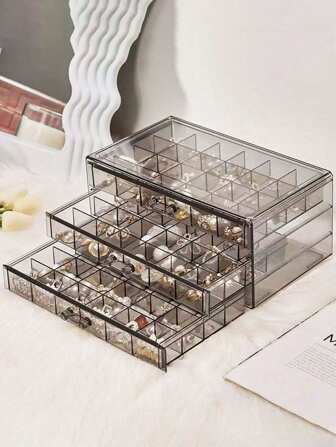 1pc Acrylic Jewelry Box, 3-Tier Drawers Jewelry Organizer Box, Elegant 72-Slot Jewelry Display Case For Earrings, Necklaces, Rings, Modern Style With Dividers, Plastic Lockable Jewelry Box, Suitable For Travel, Desk, Women, Christmas, Valentine's Day, Back To School Gift