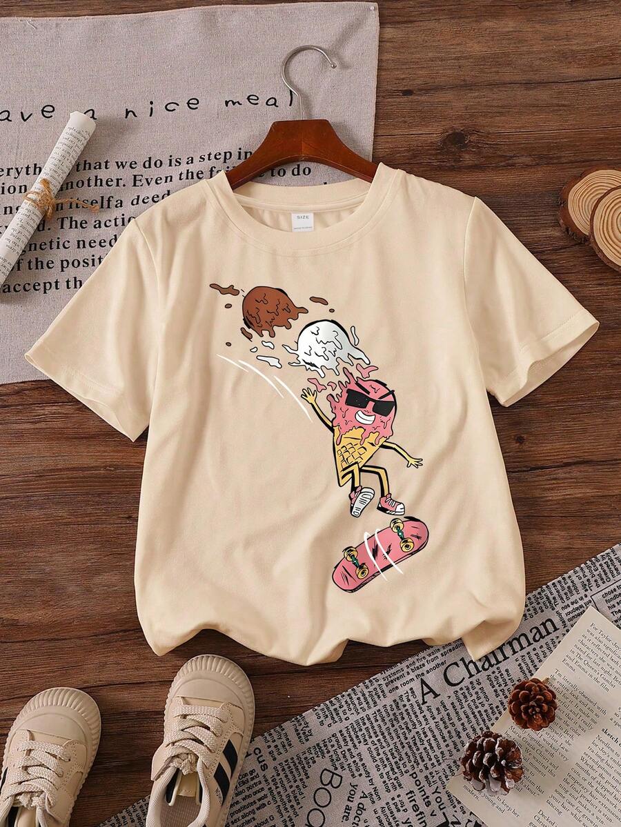 Boys' Casual Summer Abstract Skateboard & Ice Cream Print Short Sleeve T-Shirt, Cool Style, Student Teenager Artistic Tee, Boys Clothing - Apricot - View 1