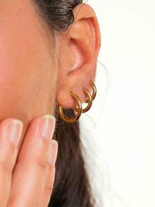 3/6pcs Women's Fashion 18K Gold Plated Stainless Steel Plain Hoop Earrings Set, Simple Design, Waterproof & Fade Resistant, Suitable For Daily Wear - Earrings - View 4