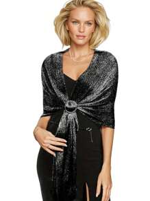 Black Sparkling Metallic Shawl With Round Buckle Elegant Thin Breathable Tassel Scarf Women's Party Banquet Dress Outside Shawl