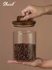 shoxil 1个装咖啡豆密封罐带手柄木盖储物罐咖啡豆玻璃密封罐