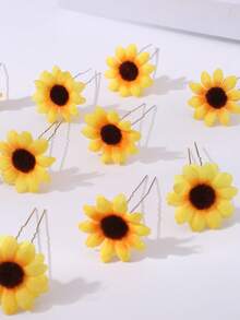 10 件/套女士发饰黄色雏菊向日葵发夹发夹人造织物花发饰，时尚可爱发夹简单海滩度假旅行，发髻延长，发髻制作器，发髻发片，发型夹，发夹，发夹