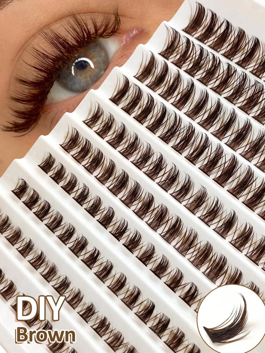 Rikuaild 150pcs D-Curl Sparse Brown Cluster False Eyelashes, Cartoon Style, Fluffy Individual False Lashes, Natural Brown Soft False Eyelashes, DIY Eyelash Extension Makeup - D - Xem 1
