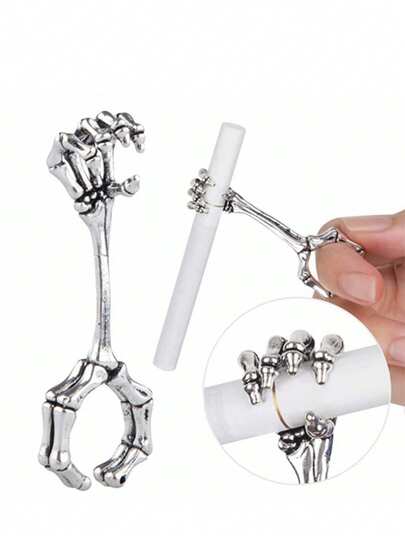 1pc Personalized Hand Bone Smoking Ring, Cigarette Holder With Skull Pattern Ring Holder, Adjustable Opening To Prevent Hand Burning And Yellowing