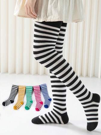 1-8 Years Old Girls' Striped Leggings, Girls' Skinny Pants, Children's Hoops Tights, Infants & Toddlers Pantyhose, Simple & Versatile, Suitable For Halloween, Christmas And Various Holidays