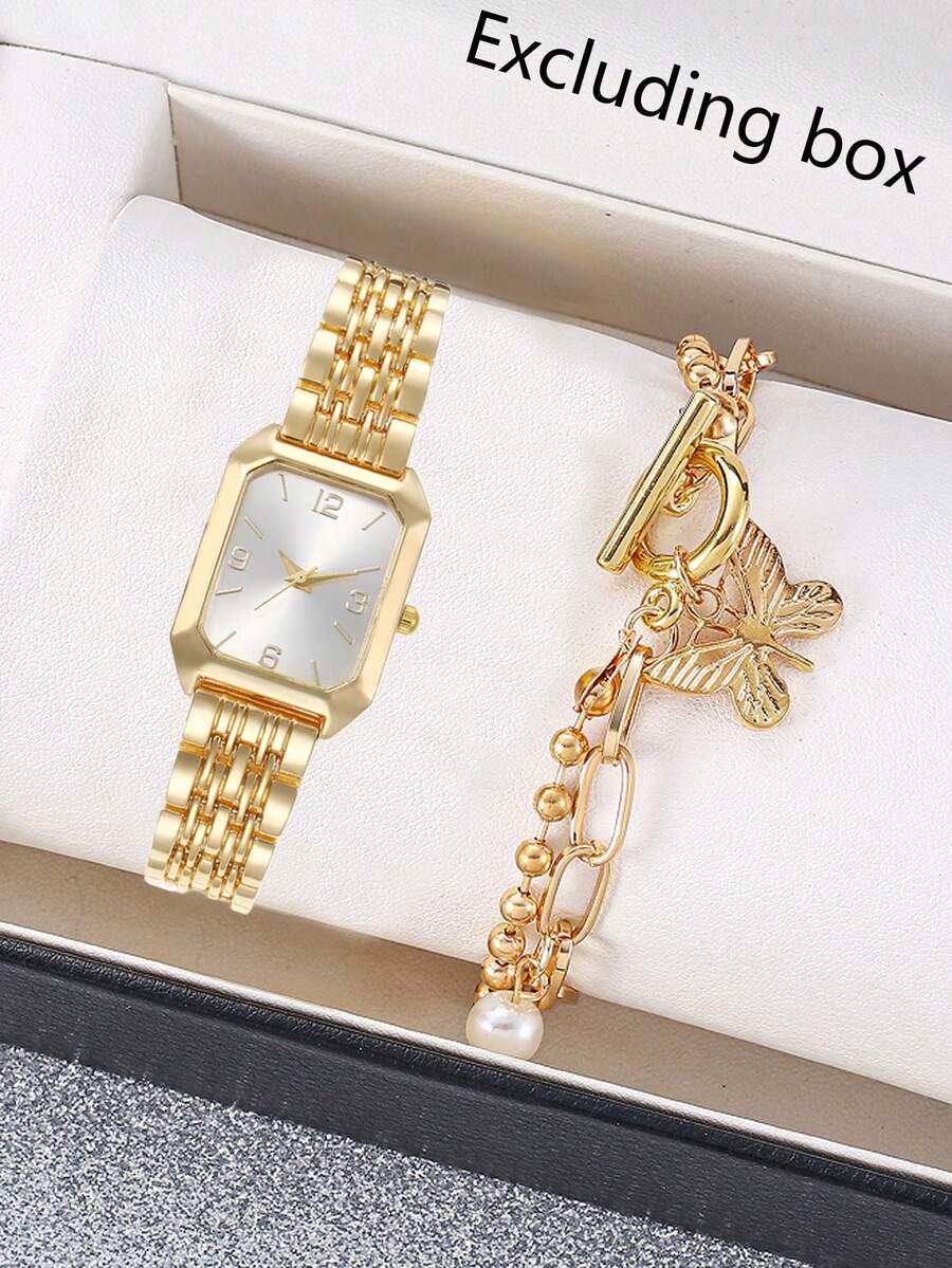 2pcs/Set Elegant Fashion Women's Square Steel Band Quartz Watch With Rhinestones, Petite Square Quartz Ladies Watch - Gold - View 1