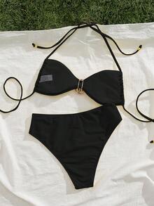 新款纯色软垫前金属装饰细肩带露背性感优雅派对比基尼套装，夏季沙滩时尚性感优雅女士比基尼度假黑色 - 黑色 - 查看 4