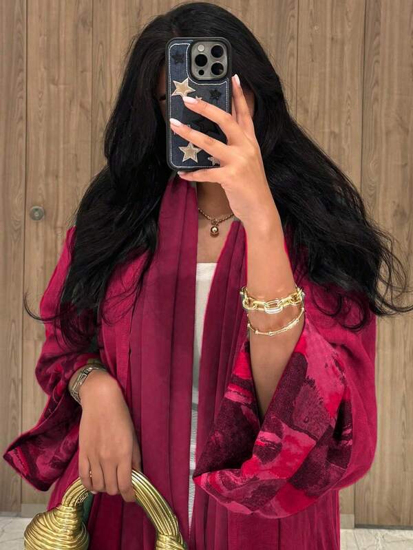 Abaya For Women, 1 Pc Fashionable Simple Asymmetrical Tie-Dye Printed Cuffs Solid Color Robe Cardigan Abaya, French Elegant Women's Robe Dress Abaya, Suitable For Daily Life, Work, Travel, Party (Headscarf Not Included)