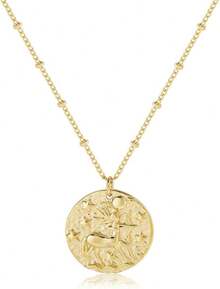 Zodiac Coin Embossed Choker Necklace Disc 12 Astrology Horoscope 14K Gold Plated Round Pendant Personalized Necklace Women Men - K 射手座(11月22日-12月21日) - 查看 1