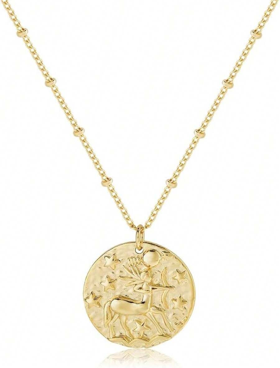 Zodiac Coin Embossed Choker Necklace Disc 12 Astrology Horoscope 14K Gold Plated Round Pendant Personalized Necklace Women Men - K 射手座(11月22日-12月21日) - 查看 1