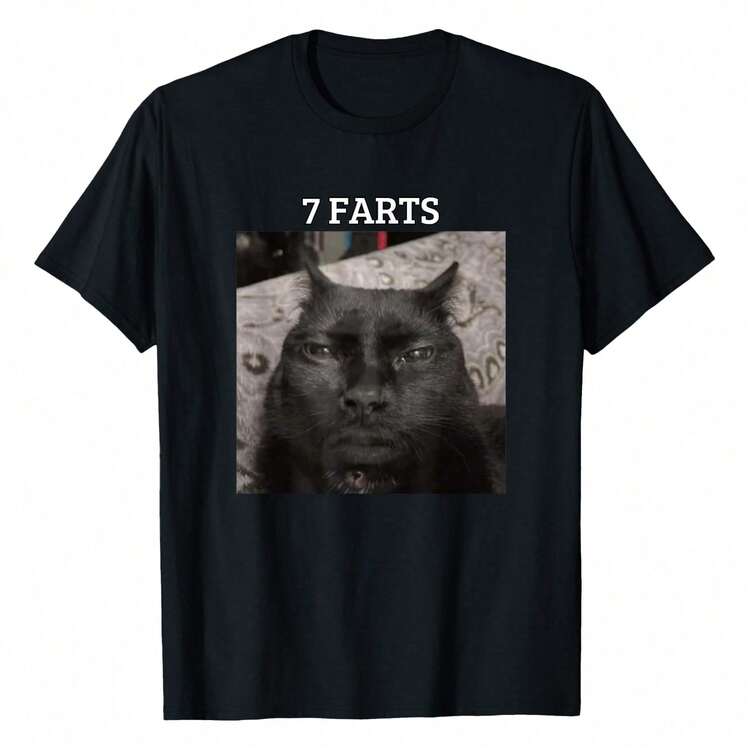 7 Farts Silly Meme Cat Meme Funny Cat Meme T-Shirt, Women's Printed T-Shirt Short-Sleeved, 100% Cotton, 220g, Round Neck Casual Women's Outdoor Short-Sleeved T-Shirt, Vintage Classic Street Women's Short-Sleeved T-Shirt, Daily Four Seasons Wear, Holiday Gifts - 黑色 - 查看 1
