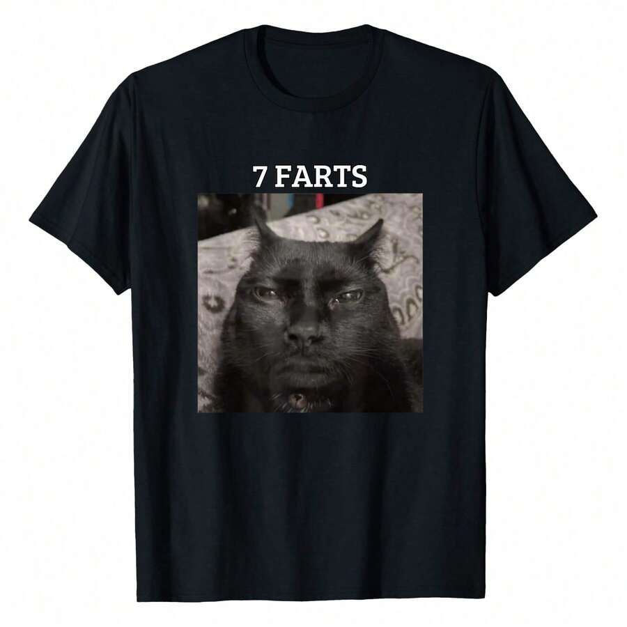 7 Farts Silly Meme Cat Meme Funny Cat Meme T-Shirt, Women's Printed T-Shirt Short-Sleeved, 100% Cotton, 220g, Round Neck Casual Women's Outdoor Short-Sleeved T-Shirt, Vintage Classic Street Women's Short-Sleeved T-Shirt, Daily Four Seasons Wear, Holiday Gifts - 黑色 - 查看 1