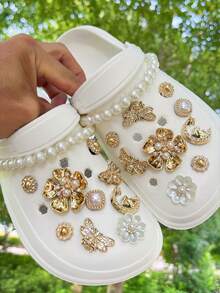 20pcs Garden Shoes DIY Golden Camellia & Faux Pearl Chain, Detachable Shoe Decorations Suitable For Hollow Beach Shoes, Sandals, Holiday Gifts, All Season - Gold - View 1