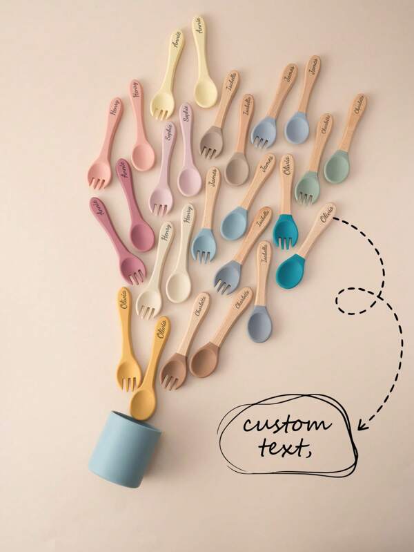 4PCS Personalized Customization Name Childern Silicone Spoons Forks Soft Utensils Wooden Handle Utensils Solid Color Kids Food Accessories Feeding Training Print On Demand Tableware