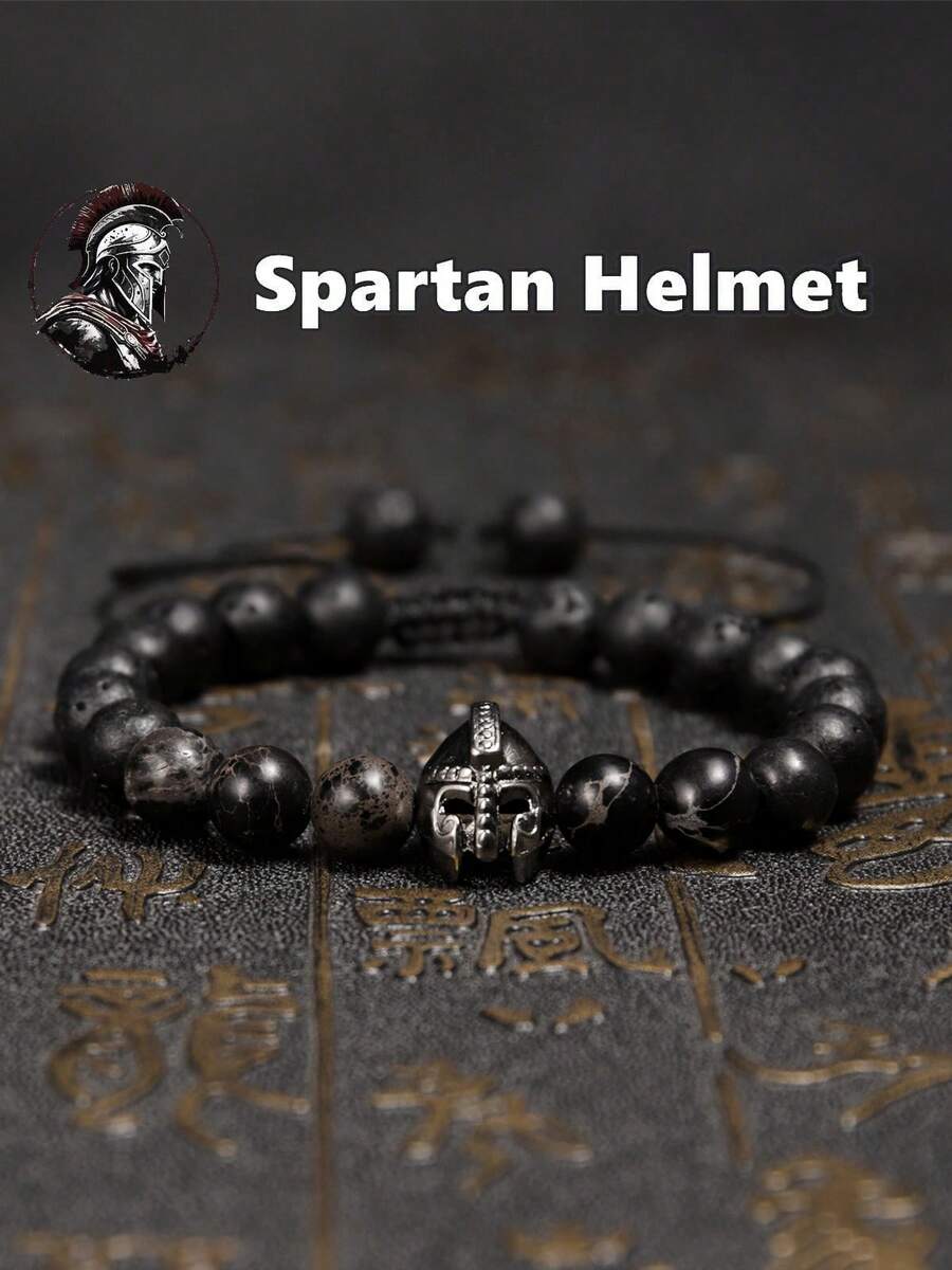 Brazalete de casco de hombre, brazalete de gladiador espartano, brazalete de guerrero de piedra natural ajustable de macramé - pulsera espartana - Ver 1