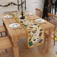 1/25pcs Pumpkin & Colorful Crow Designed Durable Table Runner, Suitable For Autumn Halloween Home Kitchen Decor, Holiday Party, Halloween Decor, Fall Theme Decor, Indoor Decoration, Party Supplies, Holiday Gift, Room Decor, Dining Table Decor