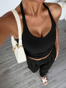 Camiseta Casual, Sexy e Versátil com Costelas, Primavera/Verão - Preto - Visão 8