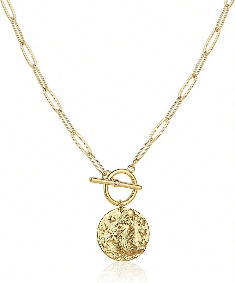 Zodiac Coin Embossed Choker Necklace Disc 12 Astrology Horoscope 14K Gold Plated Round Pendant Personalized Necklace Women Men - G 獅子座(7月23日-8月22日) - 查看 1
