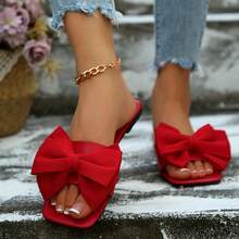 Women's Flat Square Toe Non-Slip Beach Slippers - Red Bow - View 5