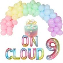On Cloud 9 Birthday Decorations For Girls Pastel Rainbow Balloon Garland Arch Kit On Cloud 9 Cake Topper Balloon Banner For Sky Theme 9th Birthday Party Supplies-0139