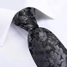 Conjunto de corbata de seda con estampado floral, incluye pinza de corbata, pañuelo y gemelos - Negro y gris - Ver 2
