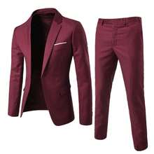 Men's Business Suit Set Professional Formal Wear Two-Piece Slim-Fit Suit Korean Style Best Man & Groom Wedding Attire - Burgundy - View 3