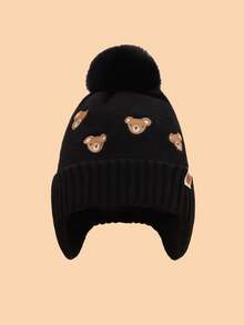 1pc Kids Cartoon Bear Embroidered Pom Pom Knit Hat, Ear Ion Windproof Fleece Warm Winter Accessory Cap For Boys & Girls, Suitable For Daily Outings In Winter As Gift - Multicolor - View 8