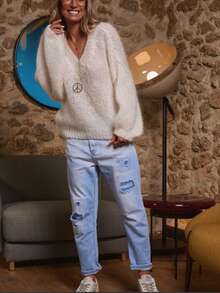 Plus Size Women Sweater - Loose Fit V-Neck Solid Color Casual Knitted Pullover, Slouchy Minimalist Plus Size Knit Sweater For Women, Autumn/Winter - 白色 - 查看 5