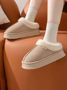 女士休闲毛绒一脚蹬拖鞋，温暖的室内家居面包鞋，情侣百搭纯色布艺拖鞋，适合室内外，四季皆宜，秋冬 - 米色 - 查看 5