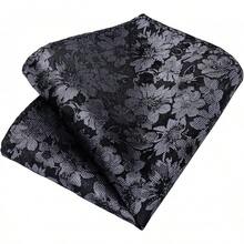 Conjunto de corbata de seda con estampado floral, incluye pinza de corbata, pañuelo y gemelos - Negro y gris - Ver 10