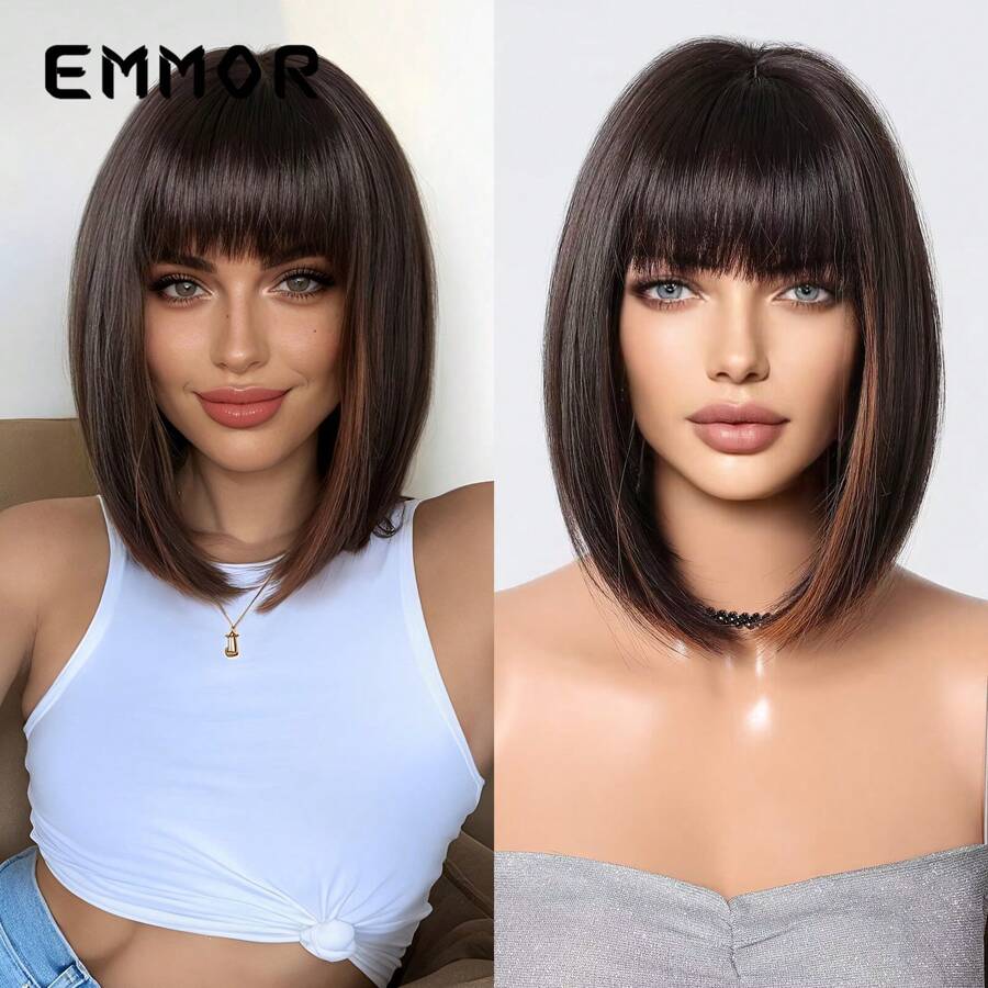 Natural Fashion Breathable Neat Bangs White Short Straight Bob Wig Full Hair Hairstyle Wigs - 深棕色lc3029-1 - 查看 1