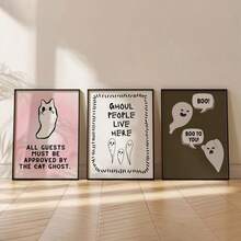 Set Of 3 Cute Ghost Halloween Wall Art Prints, Pink Aesthetic Ghost Poster Set For Bedroom, Living Room, Entryway, Holiday Hosting Decor, Halloween Sign Art For Girl Room Decor, Unframed Canvas Printable Wall Decor, Halloween Fall Autumn Home Decoration, Home Decor Living Room, Pink Halloween Decor