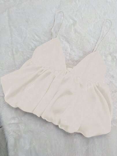 Floreya Sexy Romantic Versatile Cropped Camisole Tank Top With Deep V-Neck, Satin Strap, Suitable For Spring/Summer