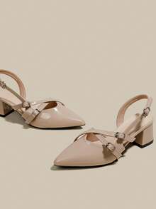 女士杏色漆皮尖头单带粗跟高跟鞋，优雅尖头正式高跟鞋，时尚露跟高跟鞋 - 杏色 - 查看 3