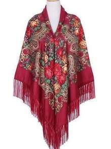 1 件女士复古红黑多色传统印花围巾、时尚披肩、温暖冬季流苏面料围巾、派对装饰奢华斗篷 - 彩色 - 查看 4