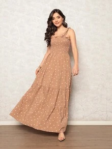 Long Dress With Elastic Straps / Crepe Polka Dot / 94% Polyester, 6% Elastane - 卡其色 - 查看 1