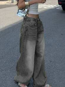 女士休闲宽松直筒牛仔裤，带口袋，百搭美式街头风，春季必备 - 淺灰色 - 查看 3