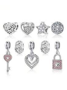 9 件优雅时尚心形、星星、钥匙、爱情锁串珠吊坠 DIY 装饰手链、项链、耳环、珠子、吊坠、饰品、创意配饰