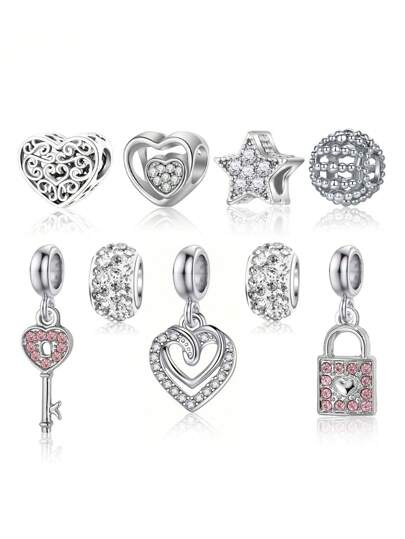 9pcs Elegant Fashion Heart, Star, Key, Love Lock Beaded Pendant DIY Decor Bracelet, Necklace, Earrings, Beads, Pendant, Charm, Creative Accessories