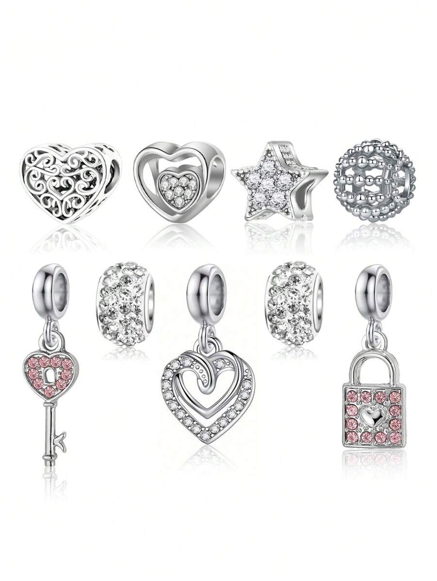 9 件优雅时尚心形、星星、钥匙、爱情锁串珠吊坠 DIY 装饰手链、项链、耳环、珠子、吊坠、饰品、创意配饰