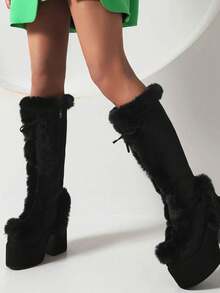 Knee High Boots For Womens Side Zipper Warm Faux Fur Platform Chunky Heel Punk Goth Walking Winter Snow Boots - 黑色 - 查看 5