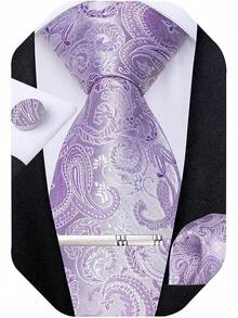 Silk Floral Necktie Set With Tie Clip, Handkerchief & Cufflinks - Lavender Purple - View 1