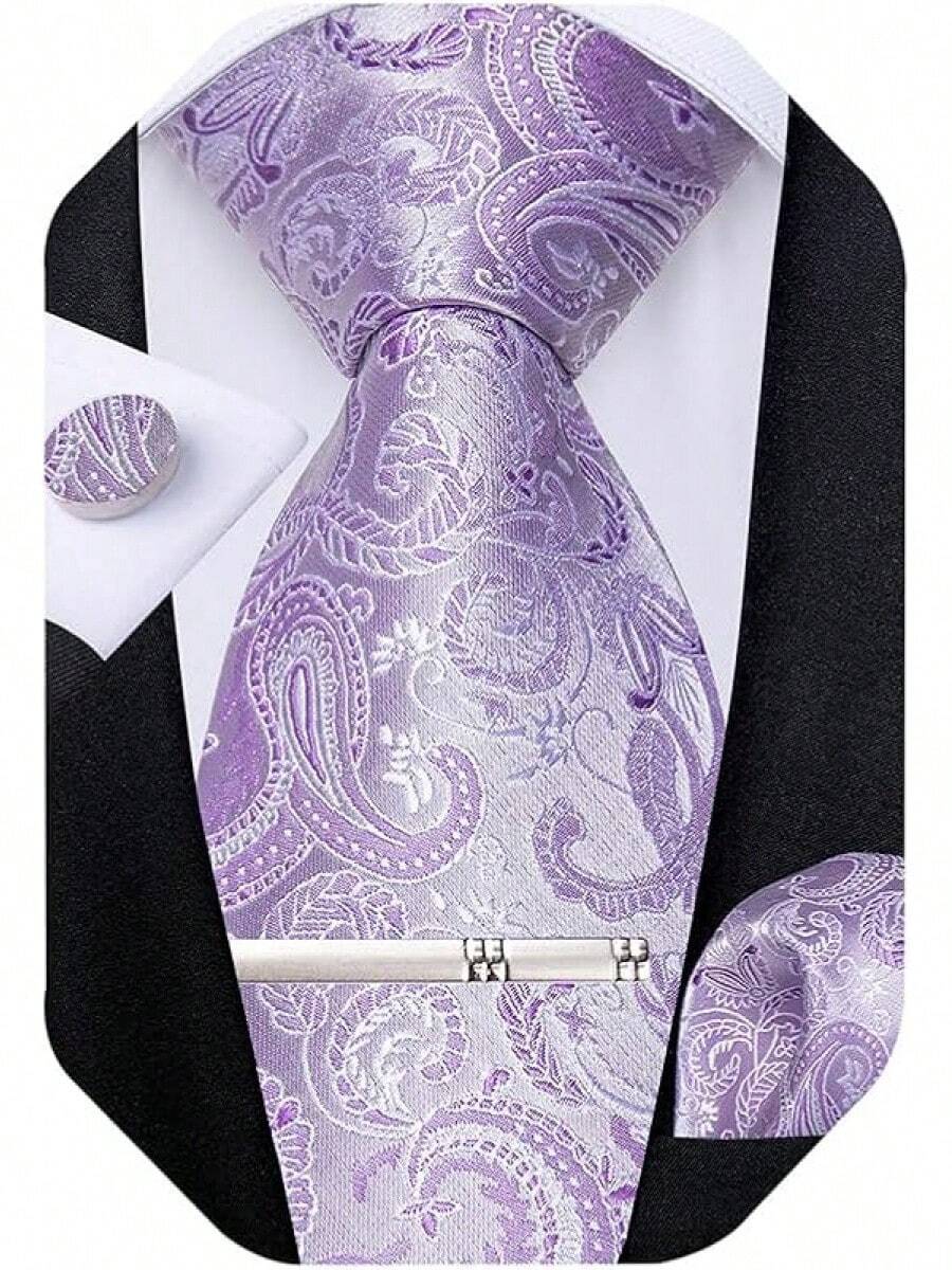 Silk Floral Necktie Set With Tie Clip, Handkerchief & Cufflinks - Lavender Purple - View 1