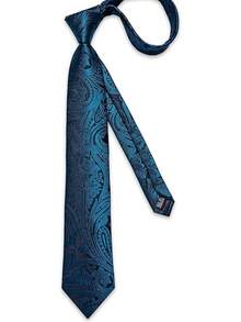 Conjunto de corbata de seda con estampado floral, incluye pinza de corbata, pañuelo y gemelos - Verde azulado y negro - Ver 4