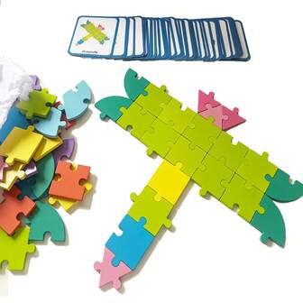 1 Set 65pcs Wooden Children's Logic Thinking Creative Puzzle, Children's Spatial Imagination Development Toy, Includes 48 Double-Sided Reference Card, Educational Toy