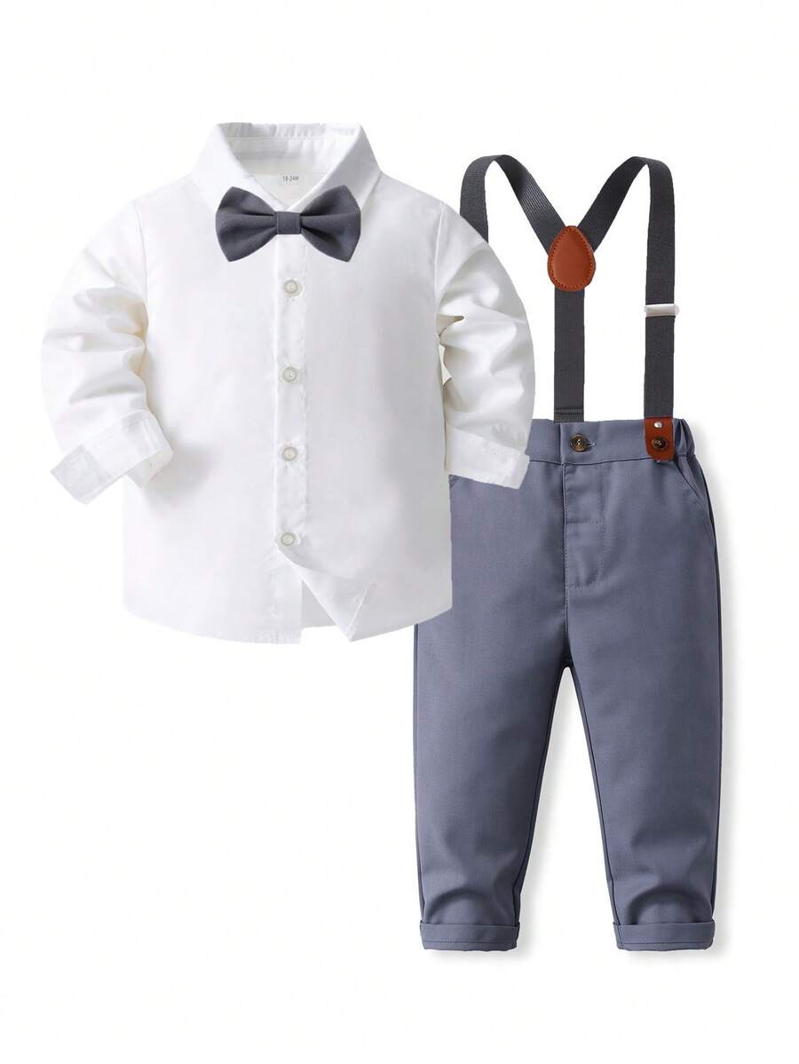 KIMOCAT Conjunto de 2 peças de roupa infantil masculina, camisa branca de manga comprida e calça com babador - Preto - Ver 1