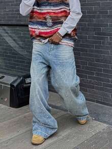 1 件男士宽松做旧砖纹印花牛仔阔腿牛仔裤 - 藍色 - 查看 3