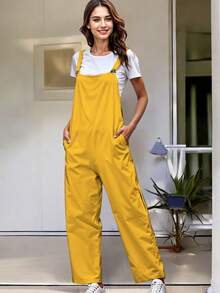 Overol Sin Mangas Holgado Con Bolsillos De Moda Para Dama - Amarillo - Ver 1